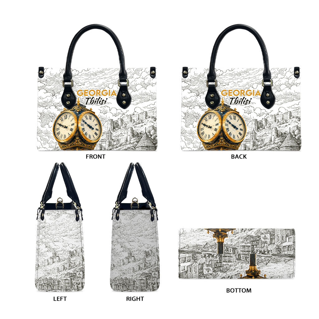 Georgia Tbilisi Clock Tower Leather Bag Kartlis Deda Vintage Sketch Style