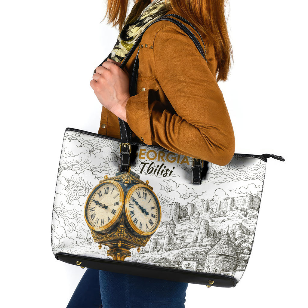 Georgia Tbilisi Clock Tower Leather Tote Bag Kartlis Deda Vintage Sketch Style