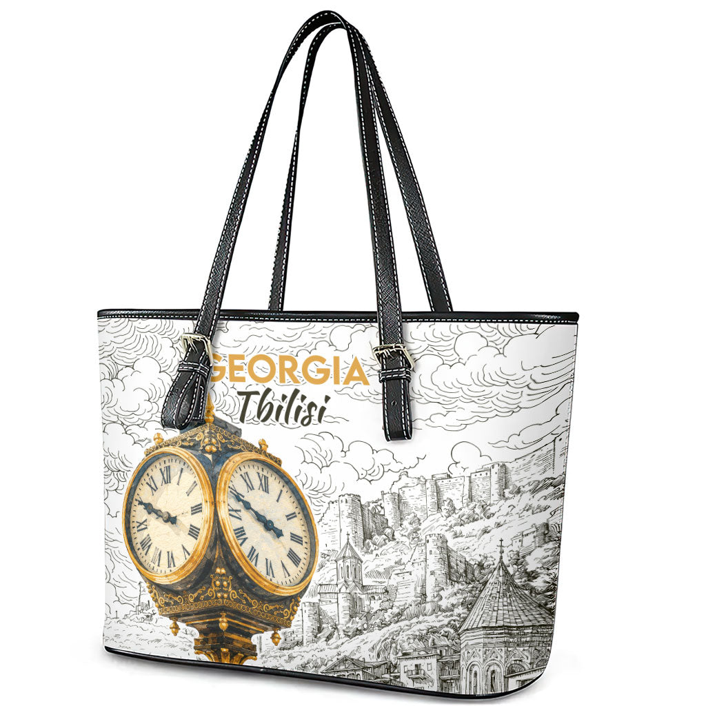 Georgia Tbilisi Clock Tower Leather Tote Bag Kartlis Deda Vintage Sketch Style