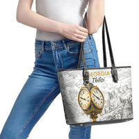 Georgia Tbilisi Clock Tower Leather Tote Bag Kartlis Deda Vintage Sketch Style