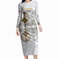 Georgia Tbilisi Clock Tower Long Sleeve Bodycon Dress Kartlis Deda Vintage Sketch Style