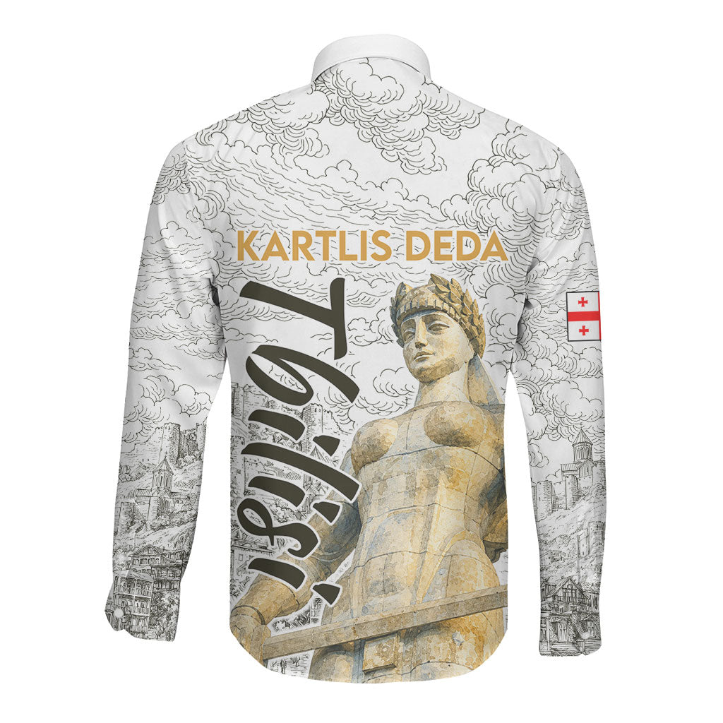 Georgia Tbilisi Clock Tower Long Sleeve Button Shirt Kartlis Deda Vintage Sketch Style