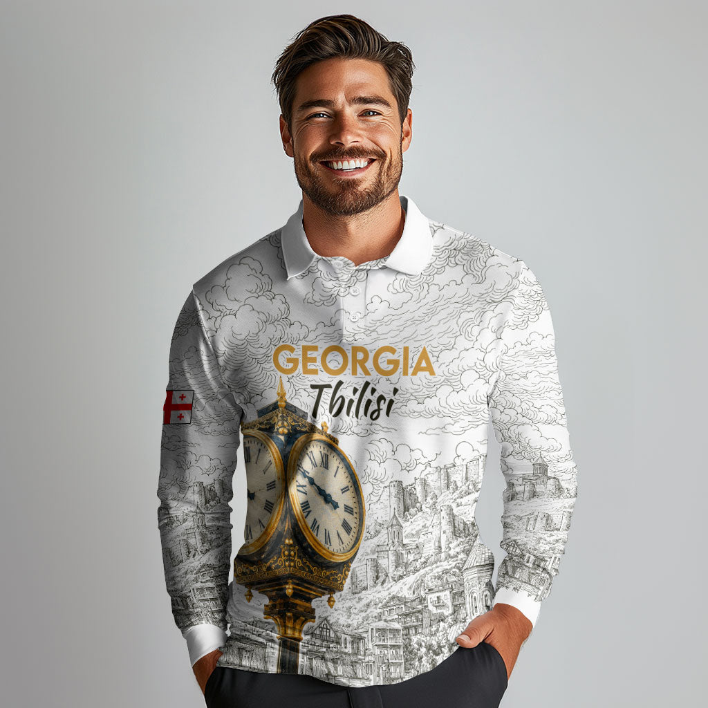 Georgia Tbilisi Clock Tower Long Sleeve Polo Shirt Kartlis Deda Vintage Sketch Style