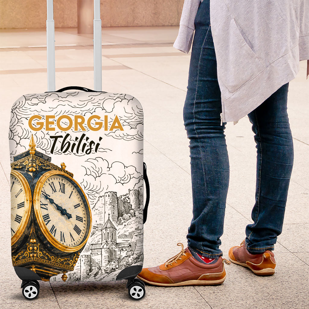 Georgia Tbilisi Clock Tower Luggage Cover Kartlis Deda Vintage Sketch Style