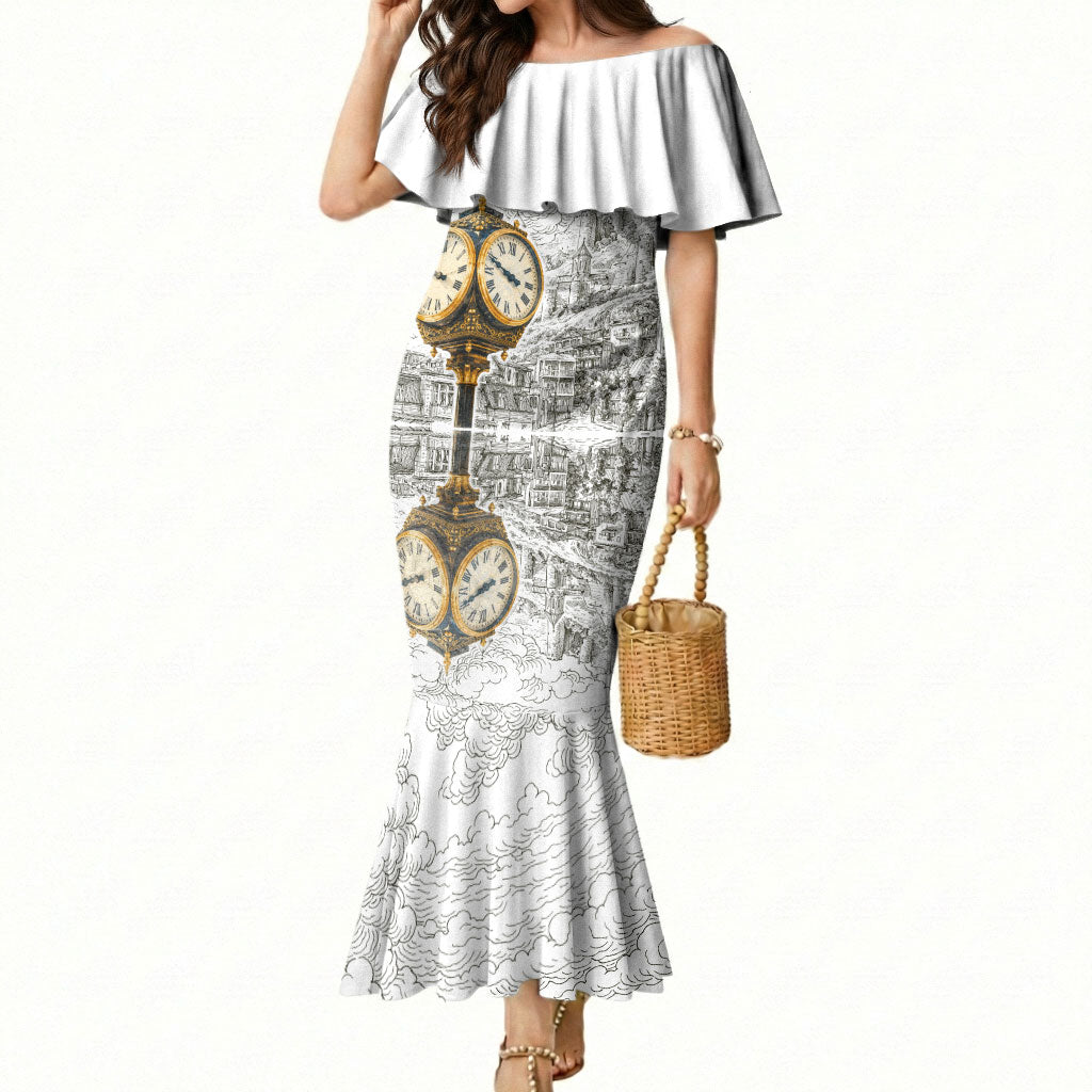 Georgia Tbilisi Clock Tower Mermaid Dress Kartlis Deda Vintage Sketch Style