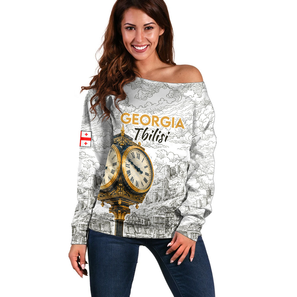 Georgia Tbilisi Clock Tower Off Shoulder Sweater Kartlis Deda Vintage Sketch Style