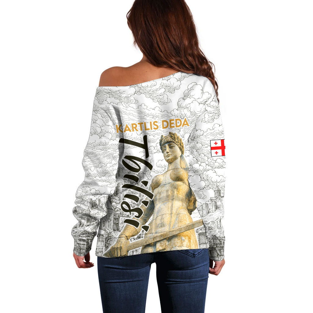 Georgia Tbilisi Clock Tower Off Shoulder Sweater Kartlis Deda Vintage Sketch Style