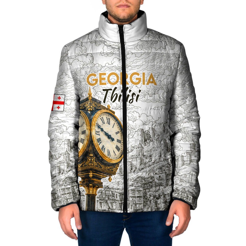 Georgia Tbilisi Clock Tower Padded Jacket Kartlis Deda Vintage Sketch Style