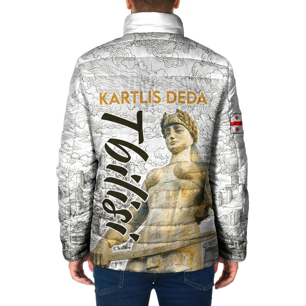 Georgia Tbilisi Clock Tower Padded Jacket Kartlis Deda Vintage Sketch Style