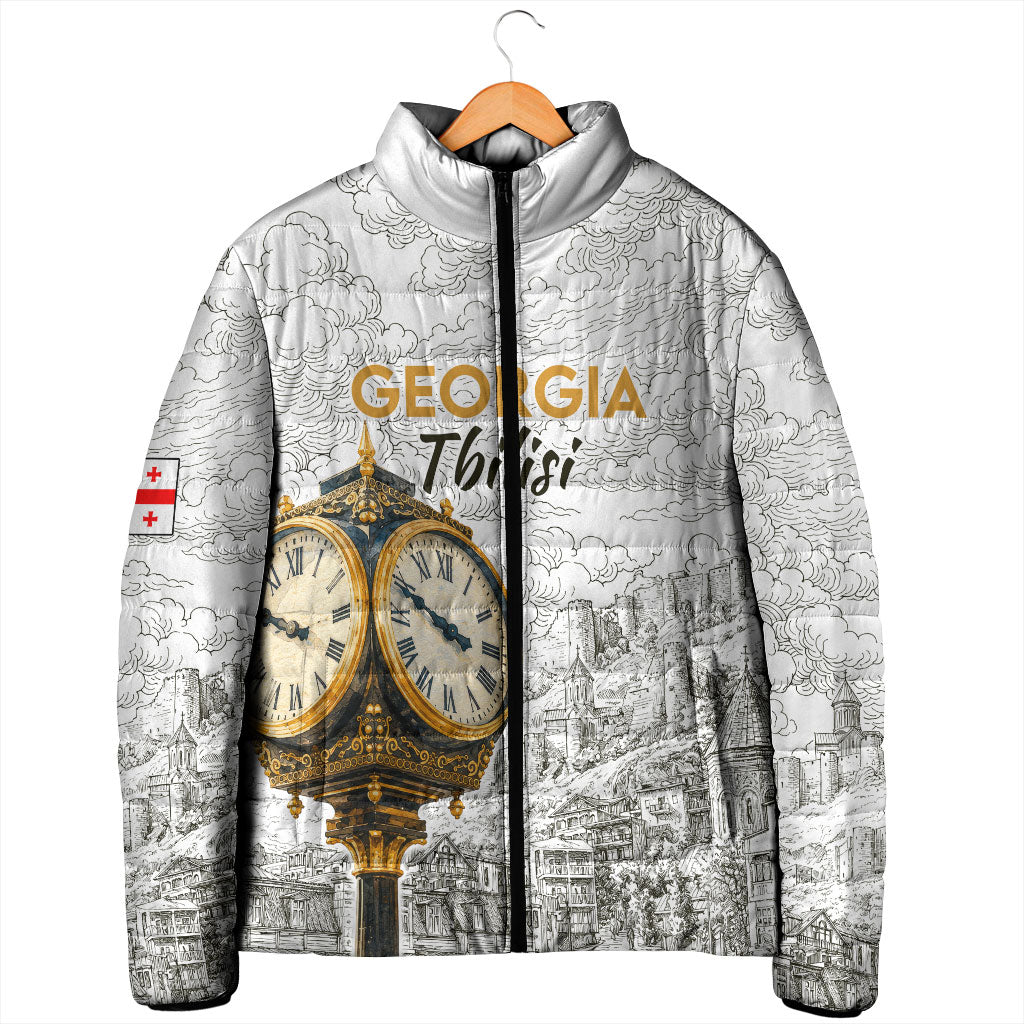 Georgia Tbilisi Clock Tower Padded Jacket Kartlis Deda Vintage Sketch Style