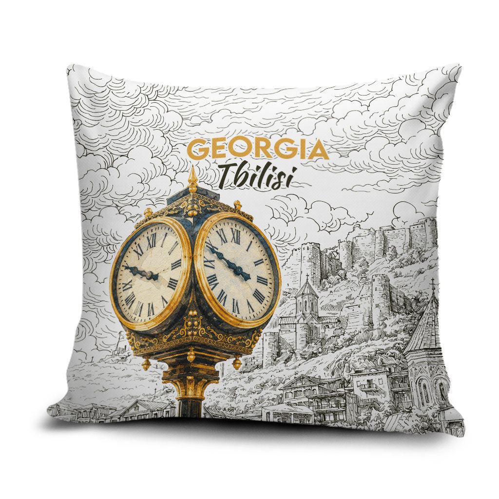 Georgia Tbilisi Clock Tower Pillow Cover Kartlis Deda Vintage Sketch Style