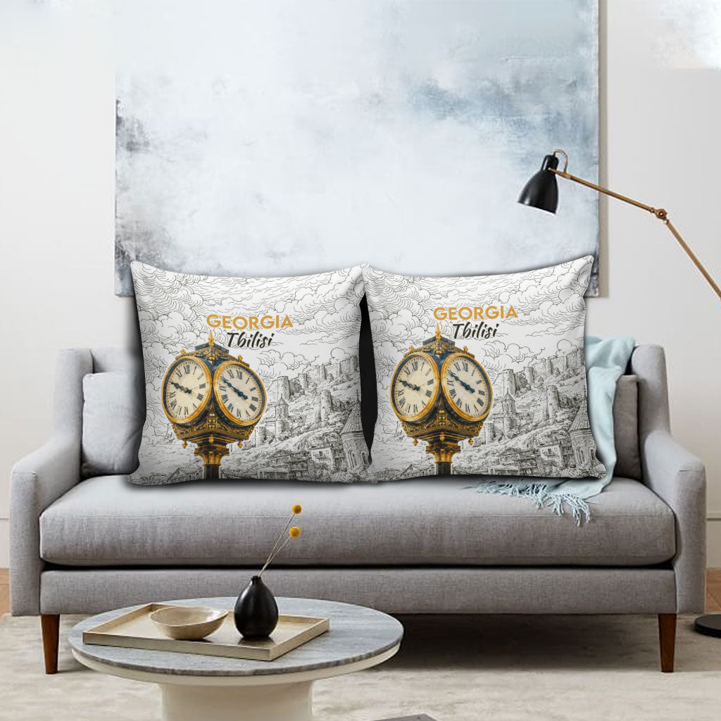 Georgia Tbilisi Clock Tower Pillow Cover Kartlis Deda Vintage Sketch Style