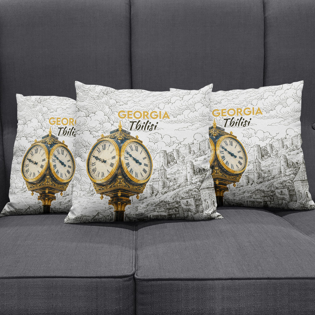 Georgia Tbilisi Clock Tower Pillow Cover Kartlis Deda Vintage Sketch Style