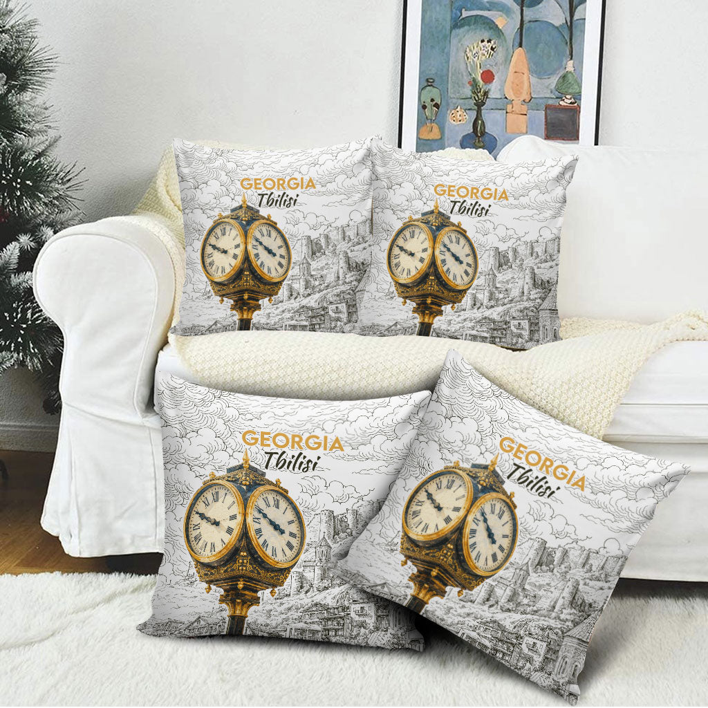 Georgia Tbilisi Clock Tower Pillow Cover Kartlis Deda Vintage Sketch Style