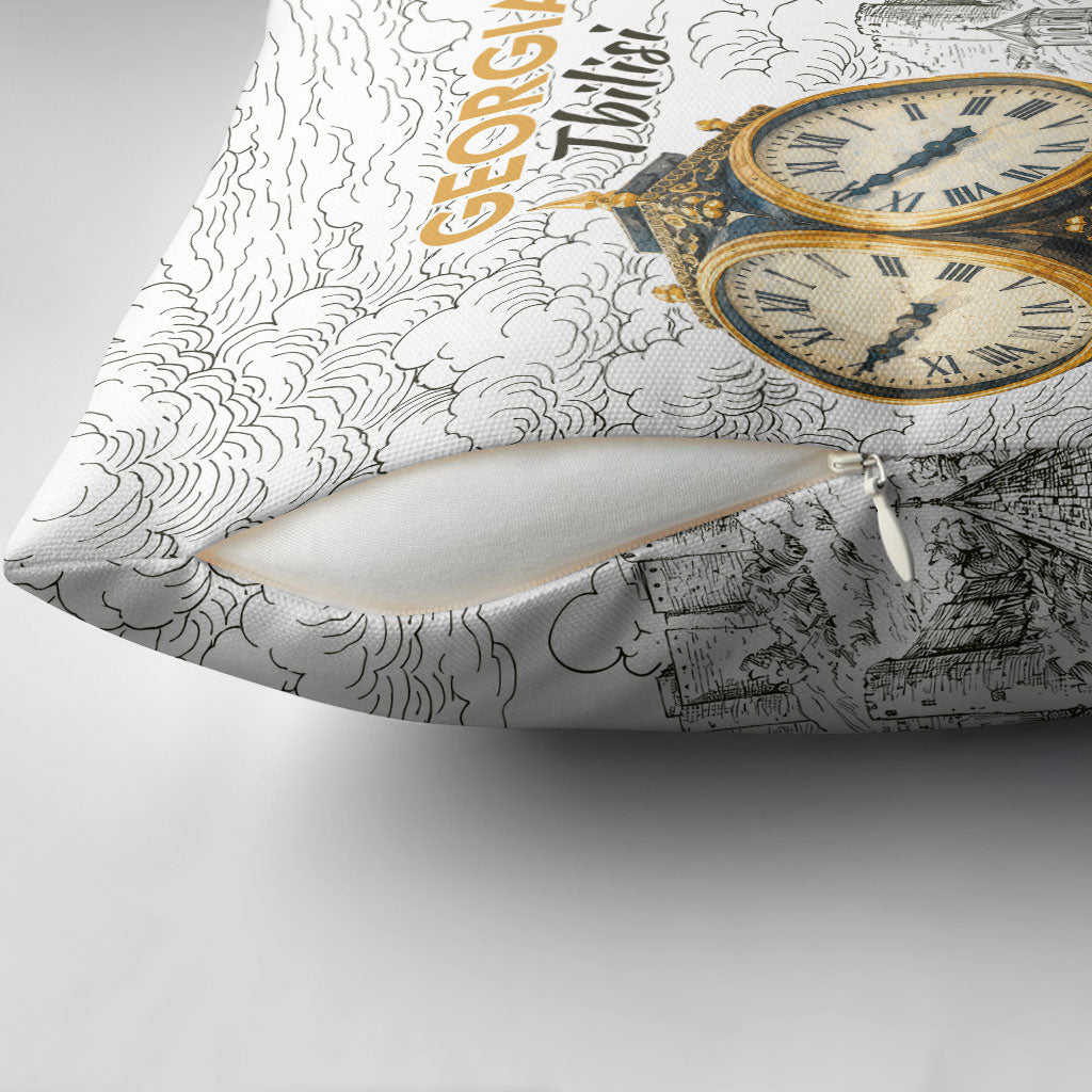 Georgia Tbilisi Clock Tower Pillow Cover Kartlis Deda Vintage Sketch Style