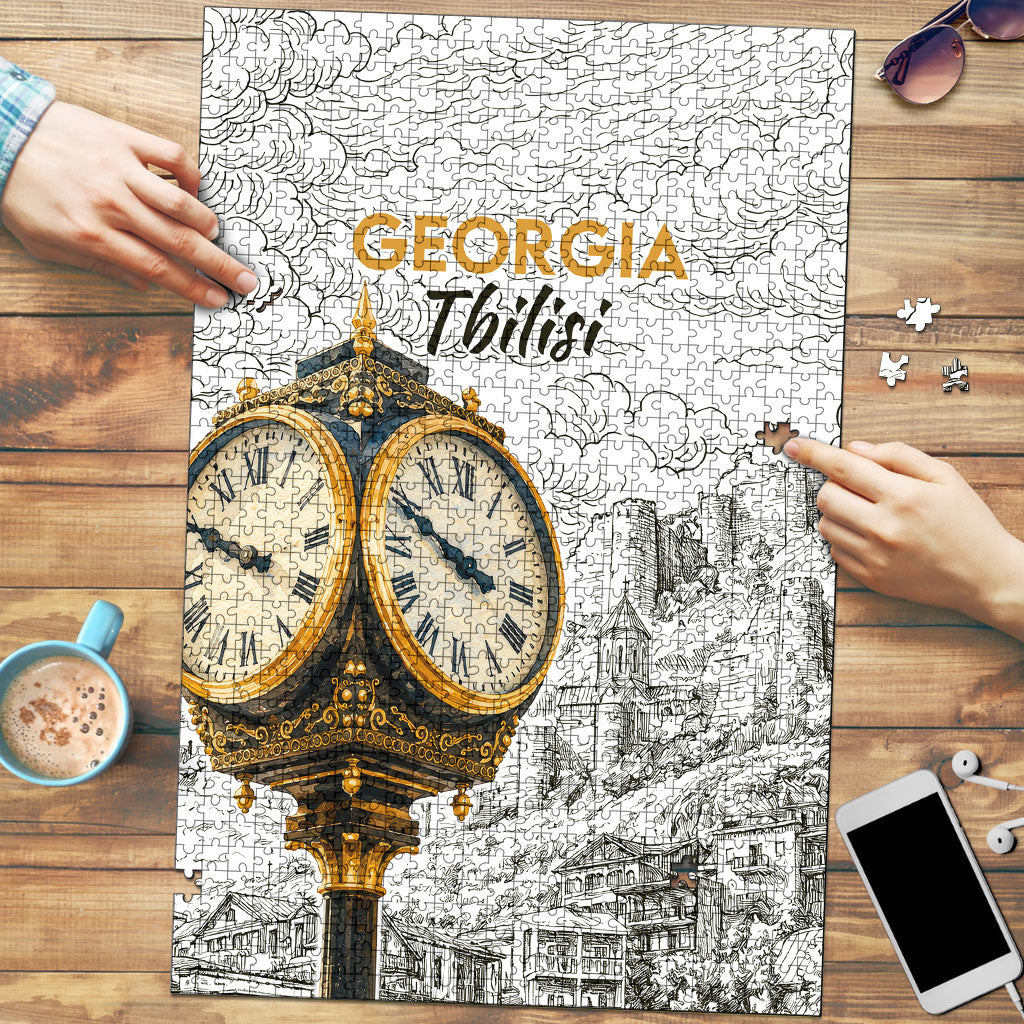Georgia Tbilisi Clock Tower Puzzle Kartlis Deda Vintage Sketch Style