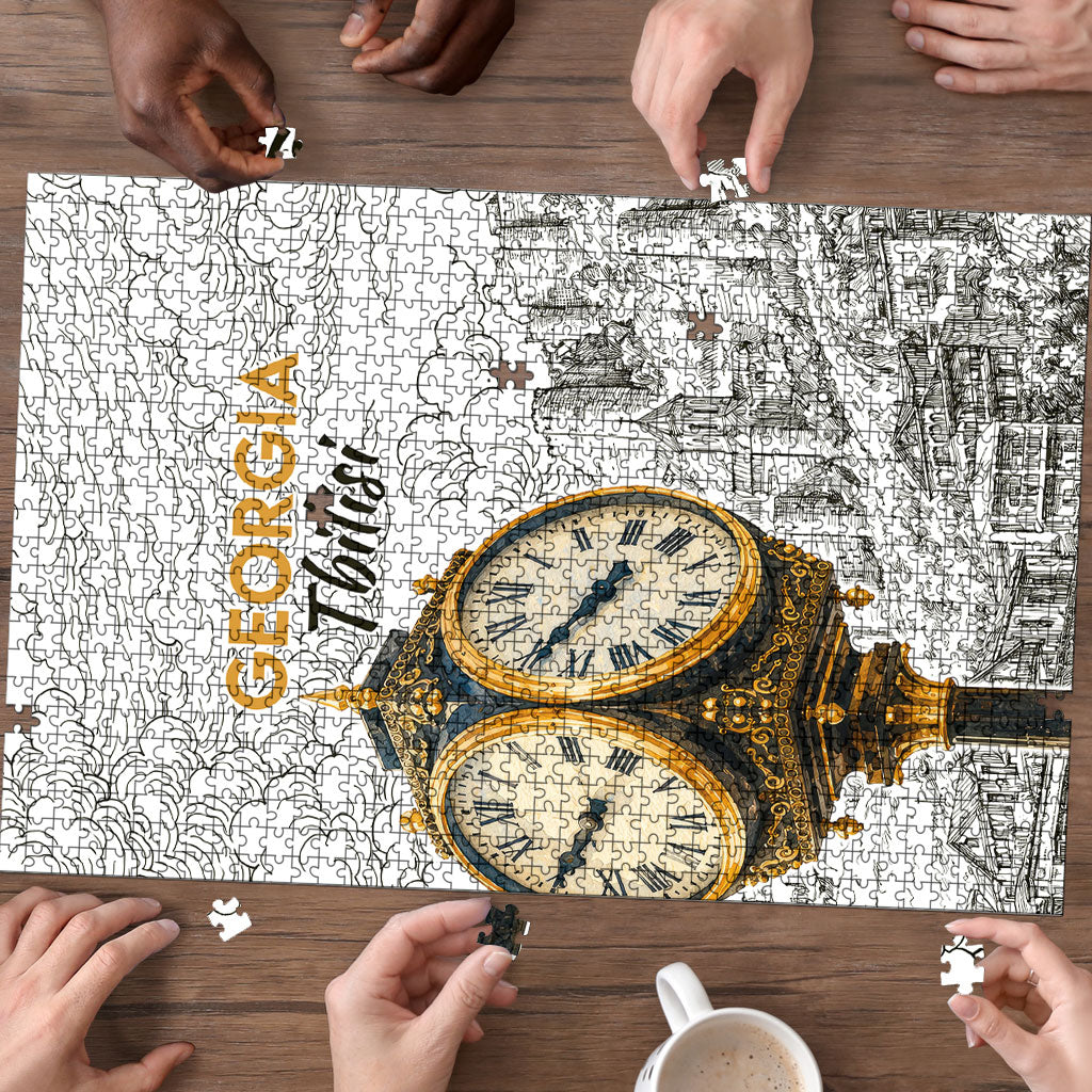 Georgia Tbilisi Clock Tower Puzzle Kartlis Deda Vintage Sketch Style