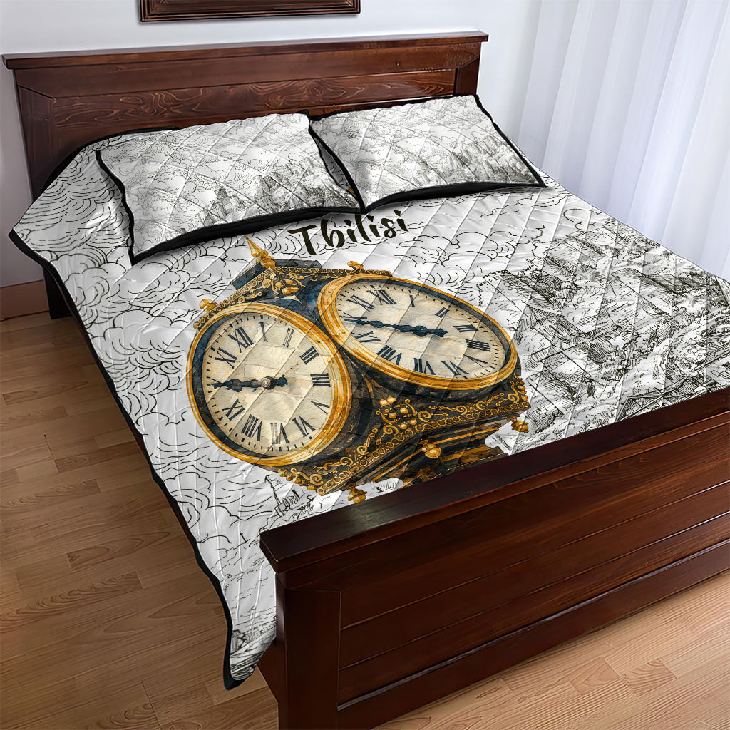 Georgia Tbilisi Clock Tower Quilt Bed Set Kartlis Deda Vintage Sketch Style