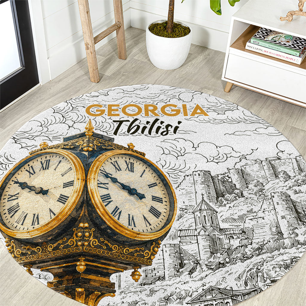 Georgia Tbilisi Clock Tower Round Carpet Kartlis Deda Vintage Sketch Style