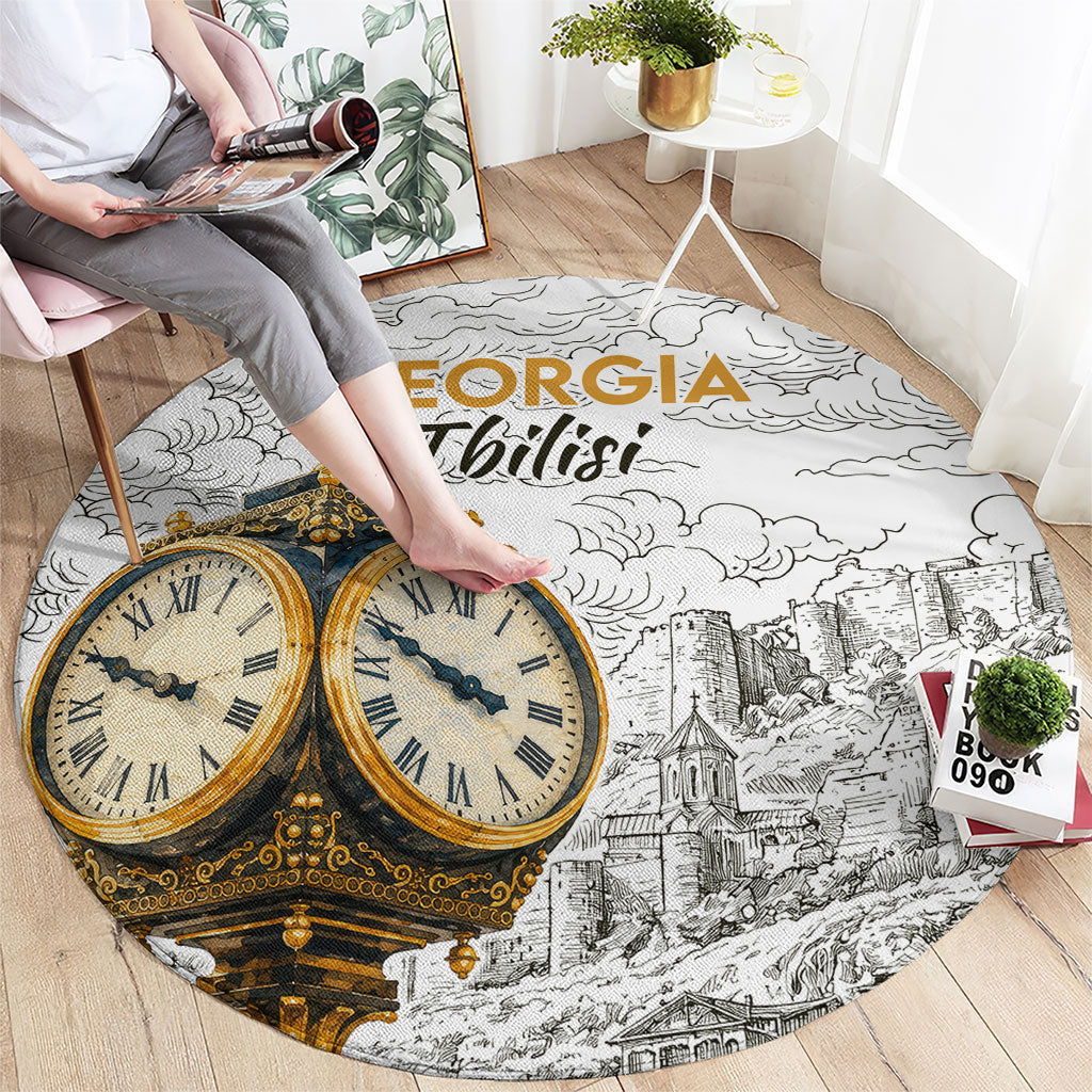 Georgia Tbilisi Clock Tower Round Carpet Kartlis Deda Vintage Sketch Style