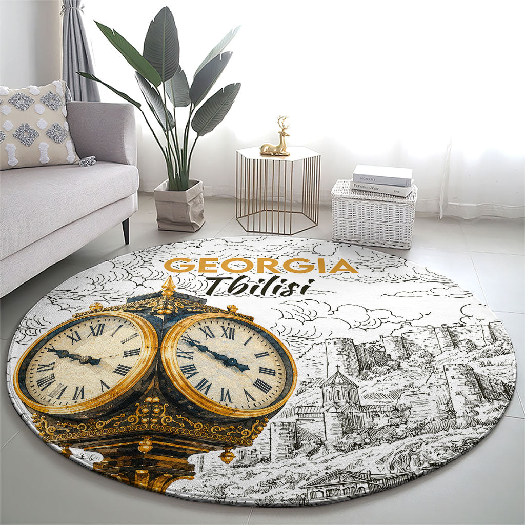 Georgia Tbilisi Clock Tower Round Carpet Kartlis Deda Vintage Sketch Style