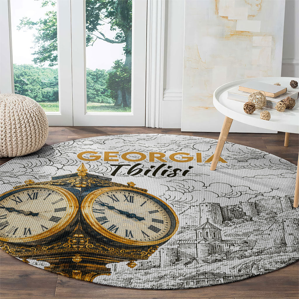 Georgia Tbilisi Clock Tower Round Carpet Kartlis Deda Vintage Sketch Style