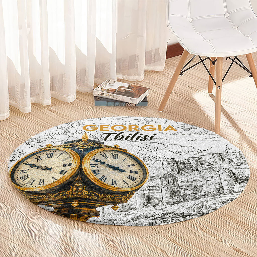 Georgia Tbilisi Clock Tower Round Carpet Kartlis Deda Vintage Sketch Style