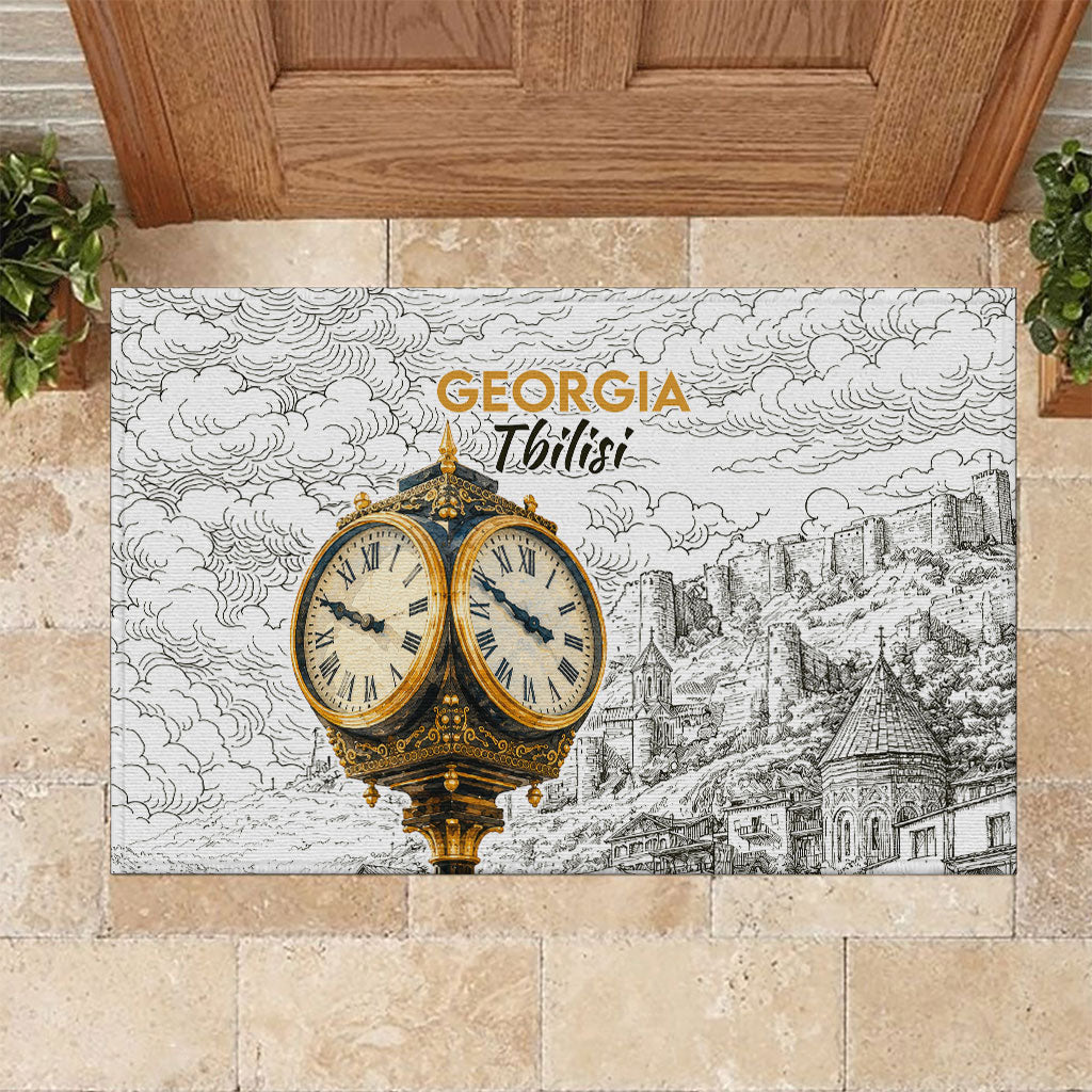 Georgia Tbilisi Clock Tower Rubber Doormat Kartlis Deda Vintage Sketch Style