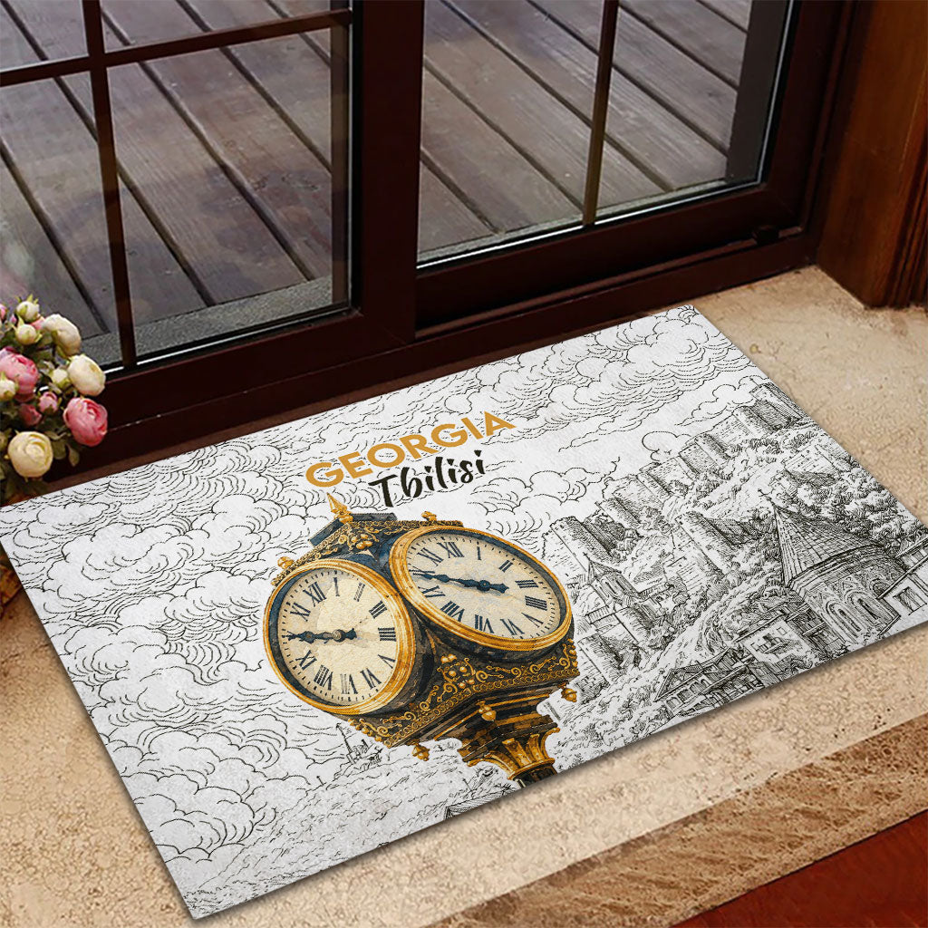 Georgia Tbilisi Clock Tower Rubber Doormat Kartlis Deda Vintage Sketch Style