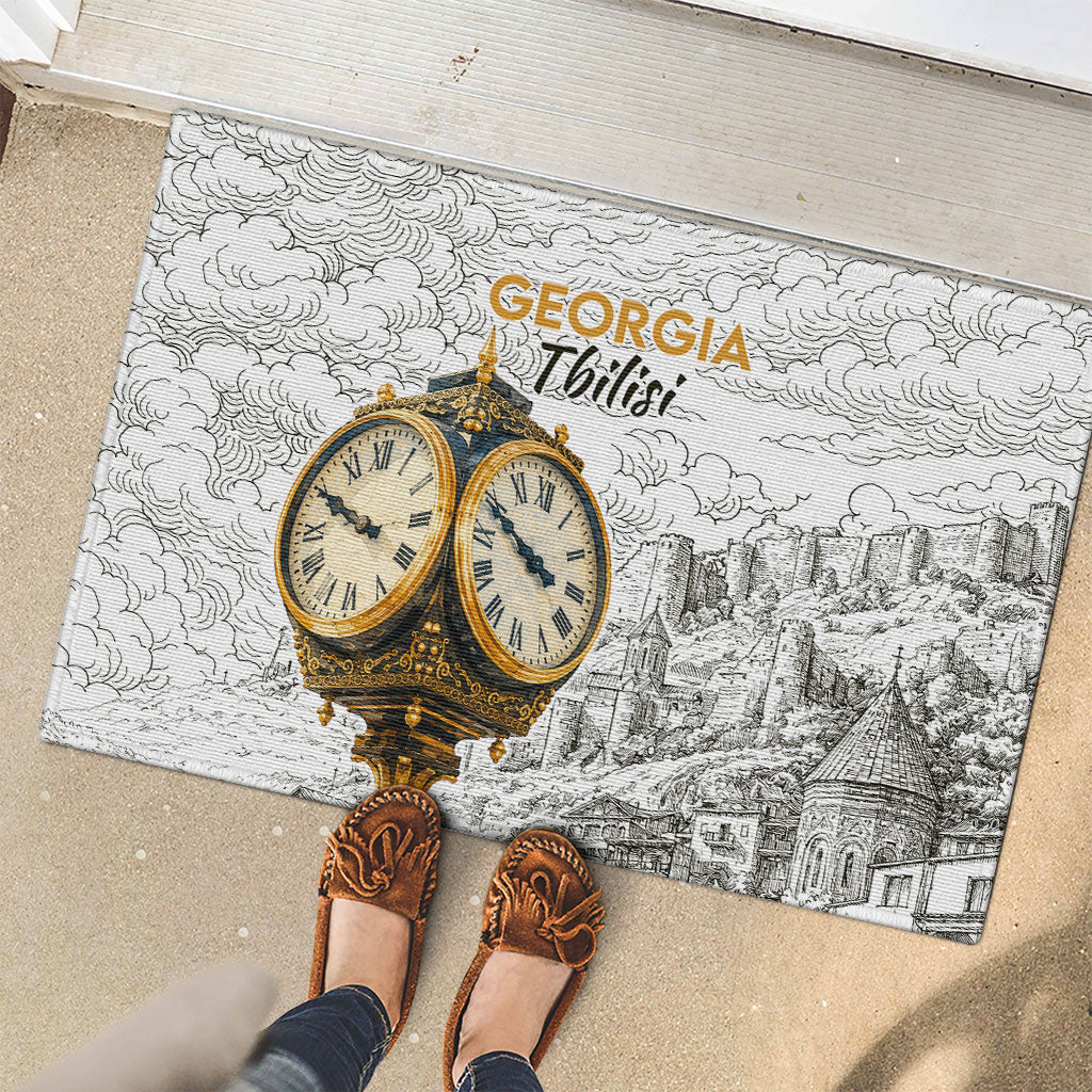 Georgia Tbilisi Clock Tower Rubber Doormat Kartlis Deda Vintage Sketch Style