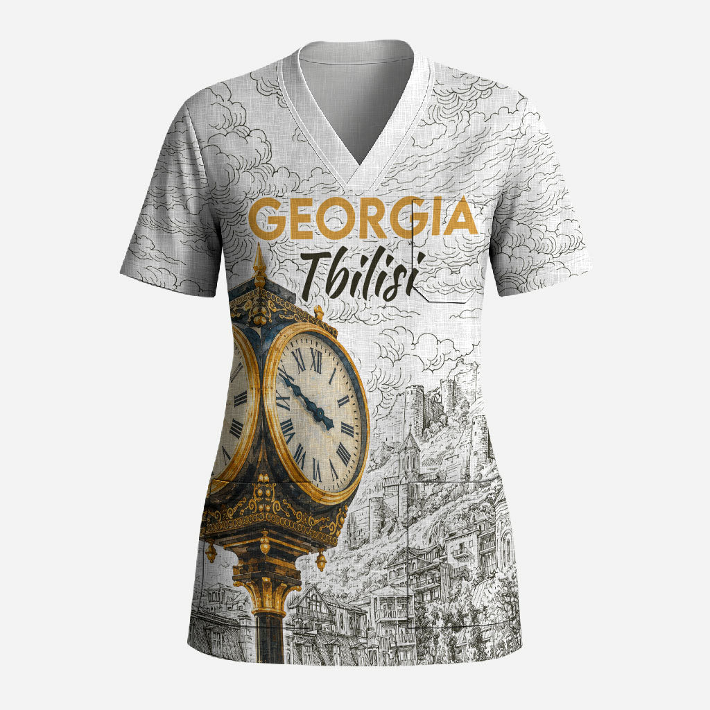 Georgia Tbilisi Clock Tower Scrub Top Kartlis Deda Vintage Sketch Style