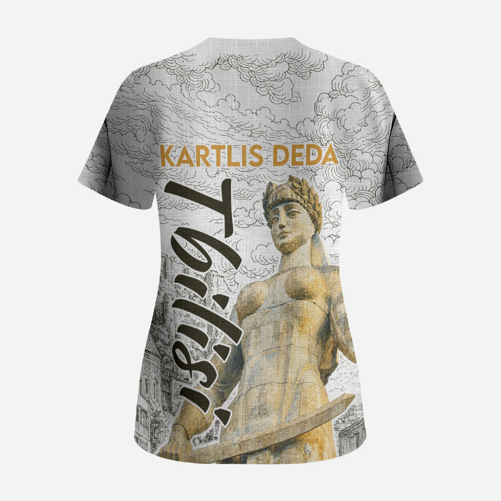 Georgia Tbilisi Clock Tower Scrub Top Kartlis Deda Vintage Sketch Style