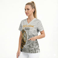 Georgia Tbilisi Clock Tower Scrub Top Kartlis Deda Vintage Sketch Style