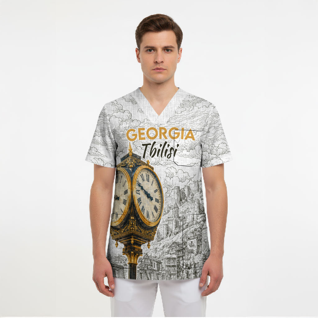 Georgia Tbilisi Clock Tower Scrub Top Kartlis Deda Vintage Sketch Style