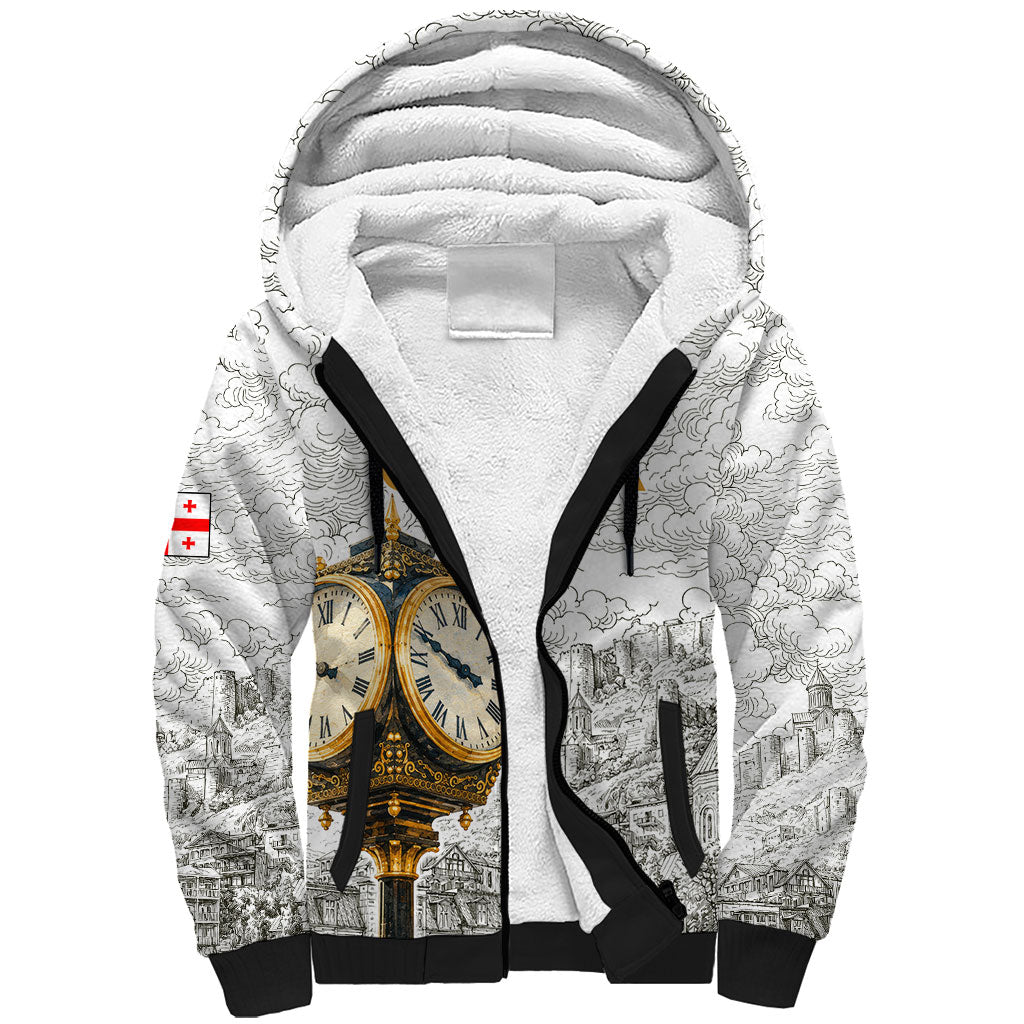 Georgia Tbilisi Clock Tower Sherpa Hoodie Kartlis Deda Vintage Sketch Style