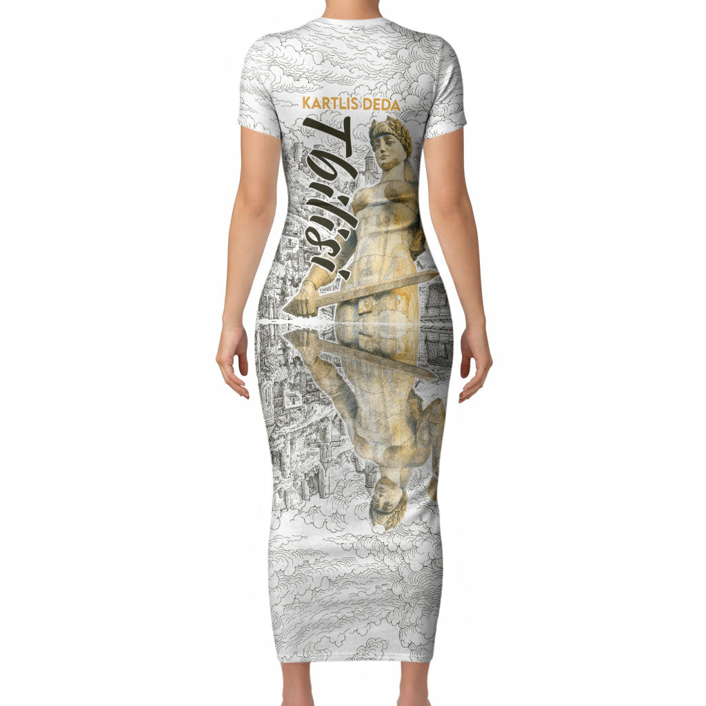 Georgia Tbilisi Clock Tower Short Sleeve Bodycon Dress Kartlis Deda Vintage Sketch Style