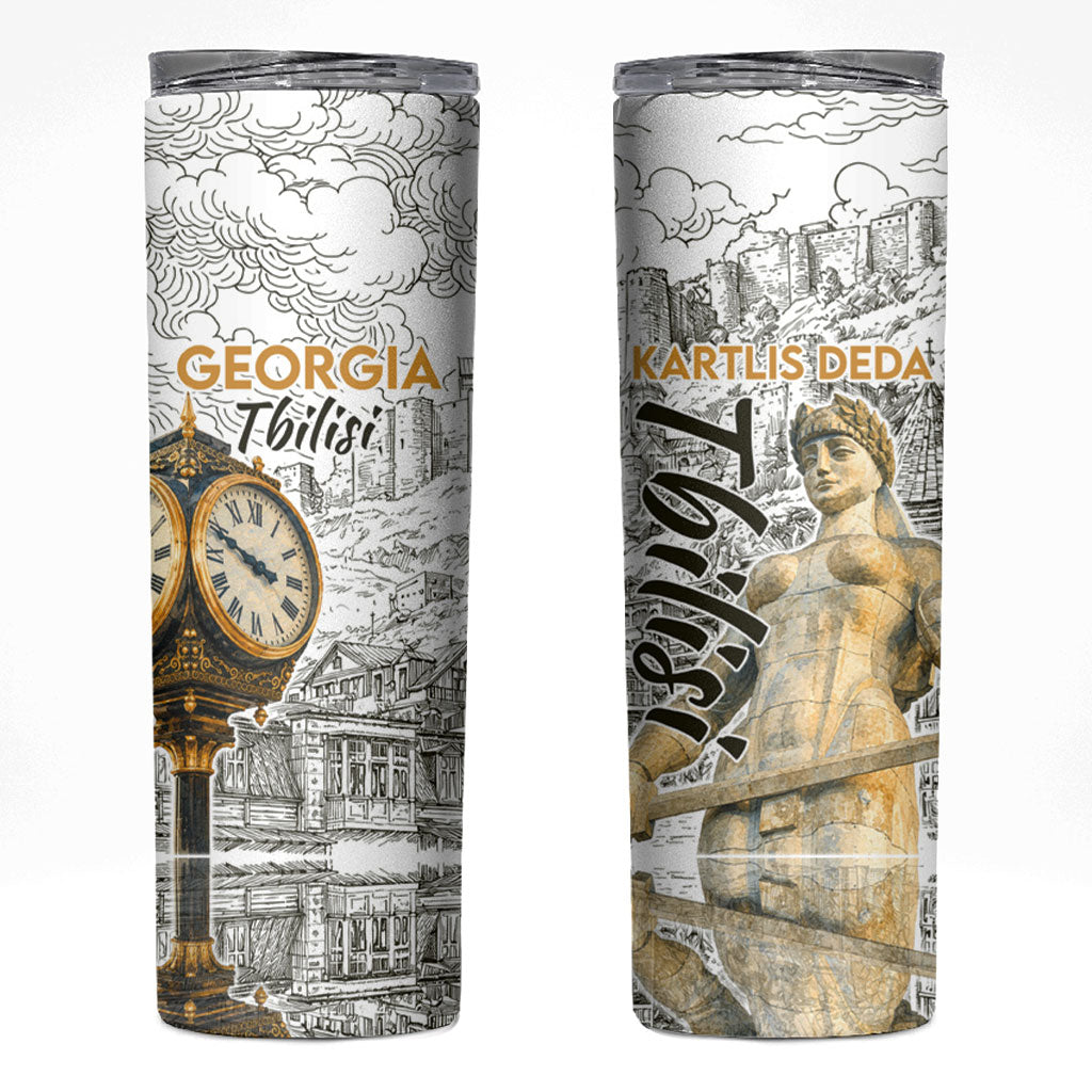 Georgia Tbilisi Clock Tower Skinny Tumbler Kartlis Deda Vintage Sketch Style