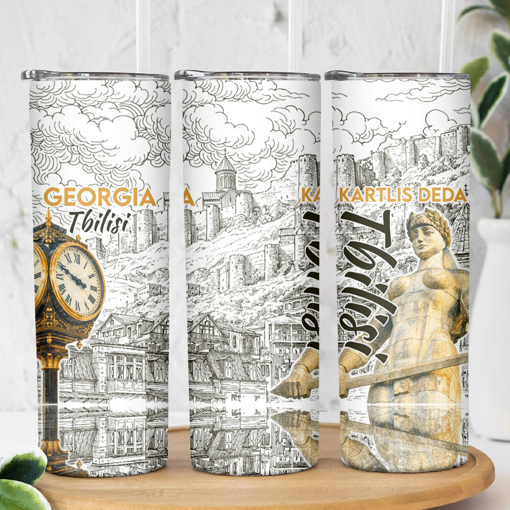 Georgia Tbilisi Clock Tower Skinny Tumbler Kartlis Deda Vintage Sketch Style