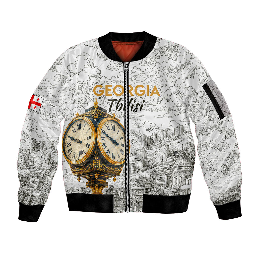 Georgia Tbilisi Clock Tower Sleeve Zip Bomber Jacket Kartlis Deda Vintage Sketch Style