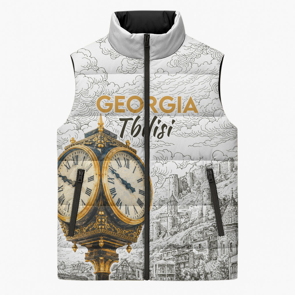 Georgia Tbilisi Clock Tower Sleeveless Puffer Jacket Kartlis Deda Vintage Sketch Style