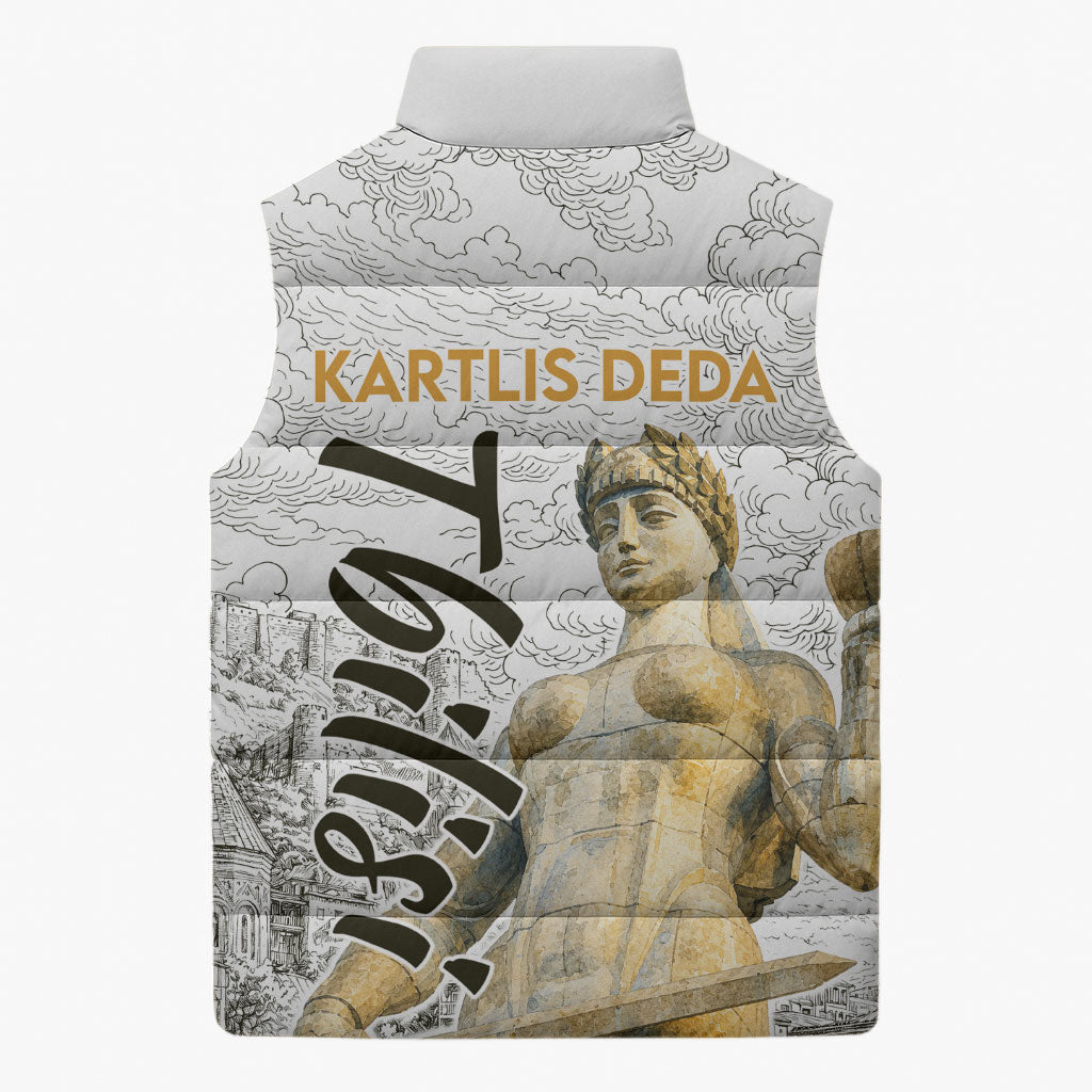 Georgia Tbilisi Clock Tower Sleeveless Puffer Jacket Kartlis Deda Vintage Sketch Style