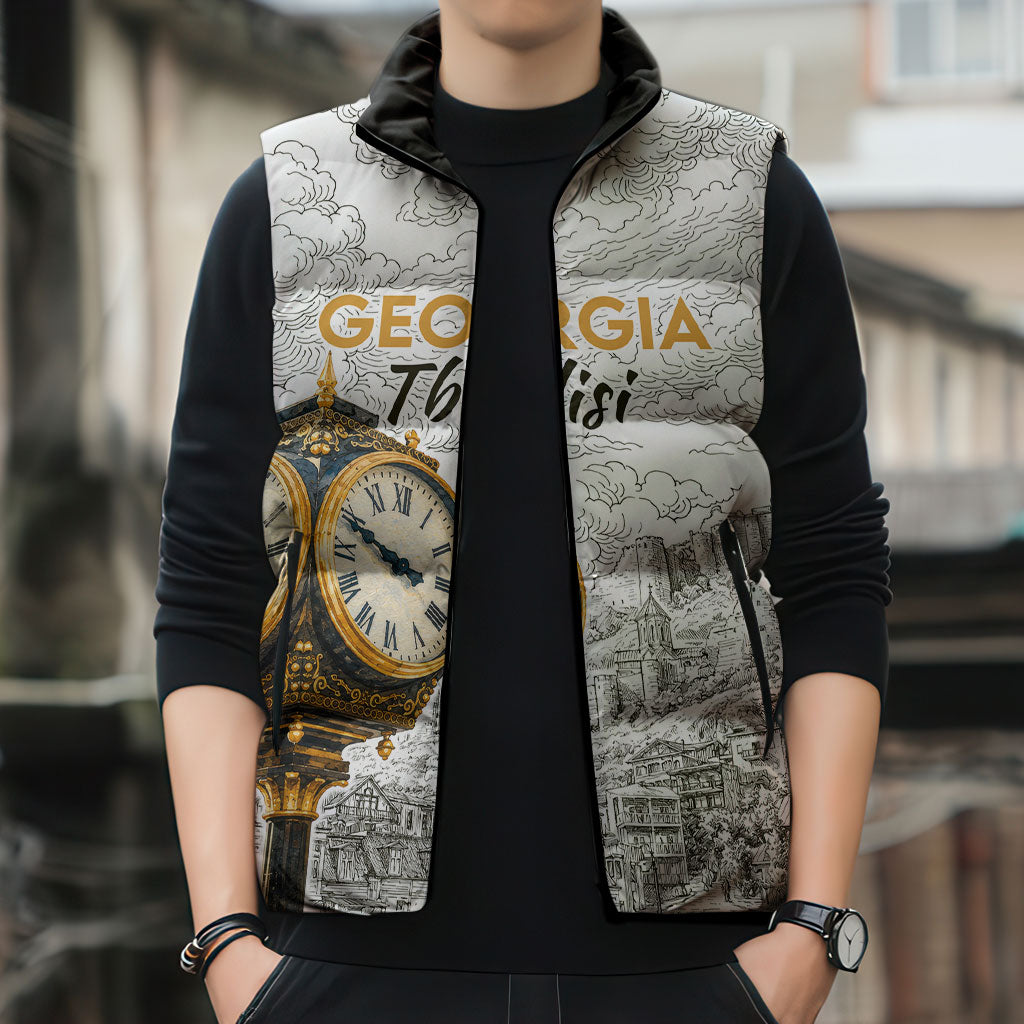 Georgia Tbilisi Clock Tower Sleeveless Puffer Jacket Kartlis Deda Vintage Sketch Style