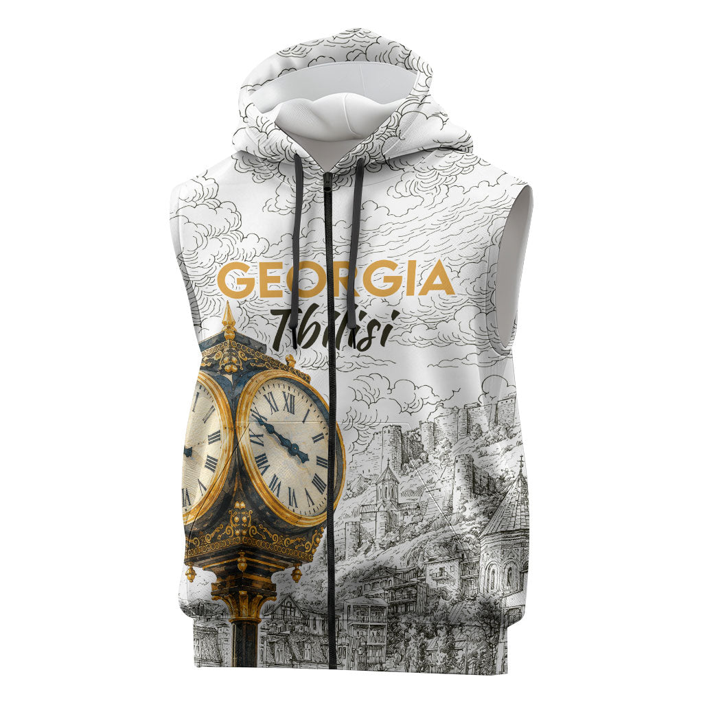 Georgia Tbilisi Clock Tower Sleeveless Zip Hoodie Kartlis Deda Vintage Sketch Style