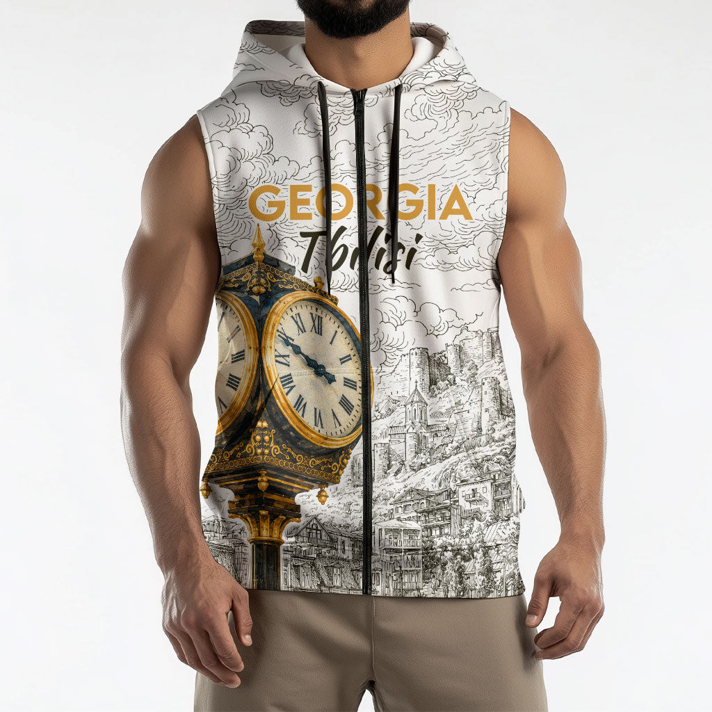 Georgia Tbilisi Clock Tower Sleeveless Zip Hoodie Kartlis Deda Vintage Sketch Style