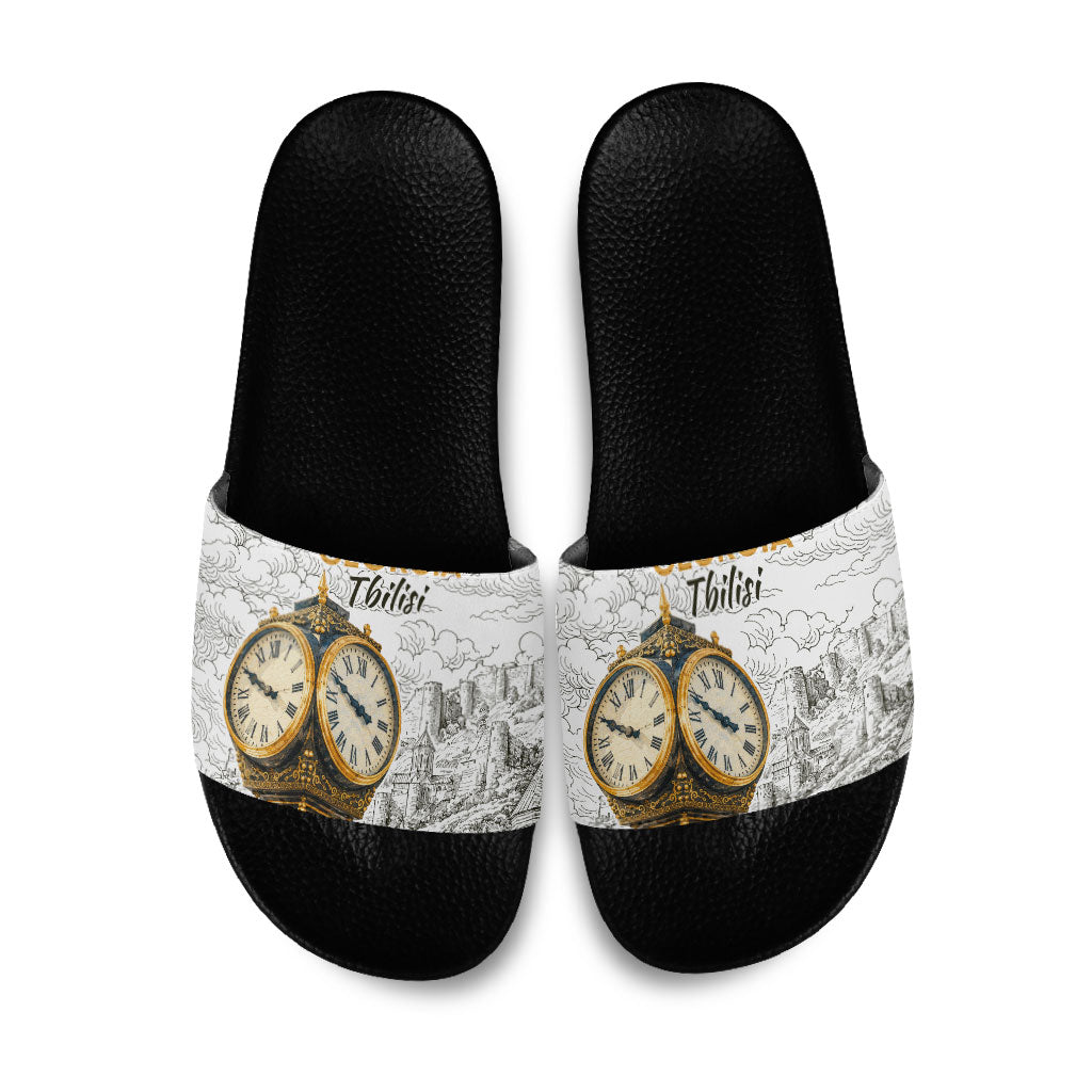 Georgia Tbilisi Clock Tower Slide Sandals Kartlis Deda Vintage Sketch Style