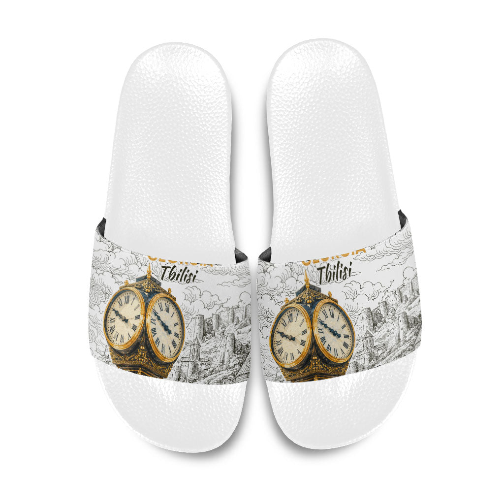 Georgia Tbilisi Clock Tower Slide Sandals Kartlis Deda Vintage Sketch Style