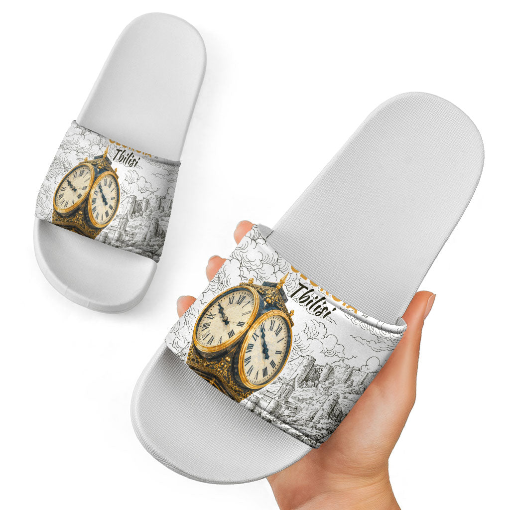 Georgia Tbilisi Clock Tower Slide Sandals Kartlis Deda Vintage Sketch Style