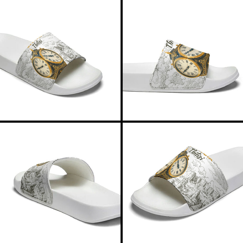 Georgia Tbilisi Clock Tower Slide Sandals Kartlis Deda Vintage Sketch Style