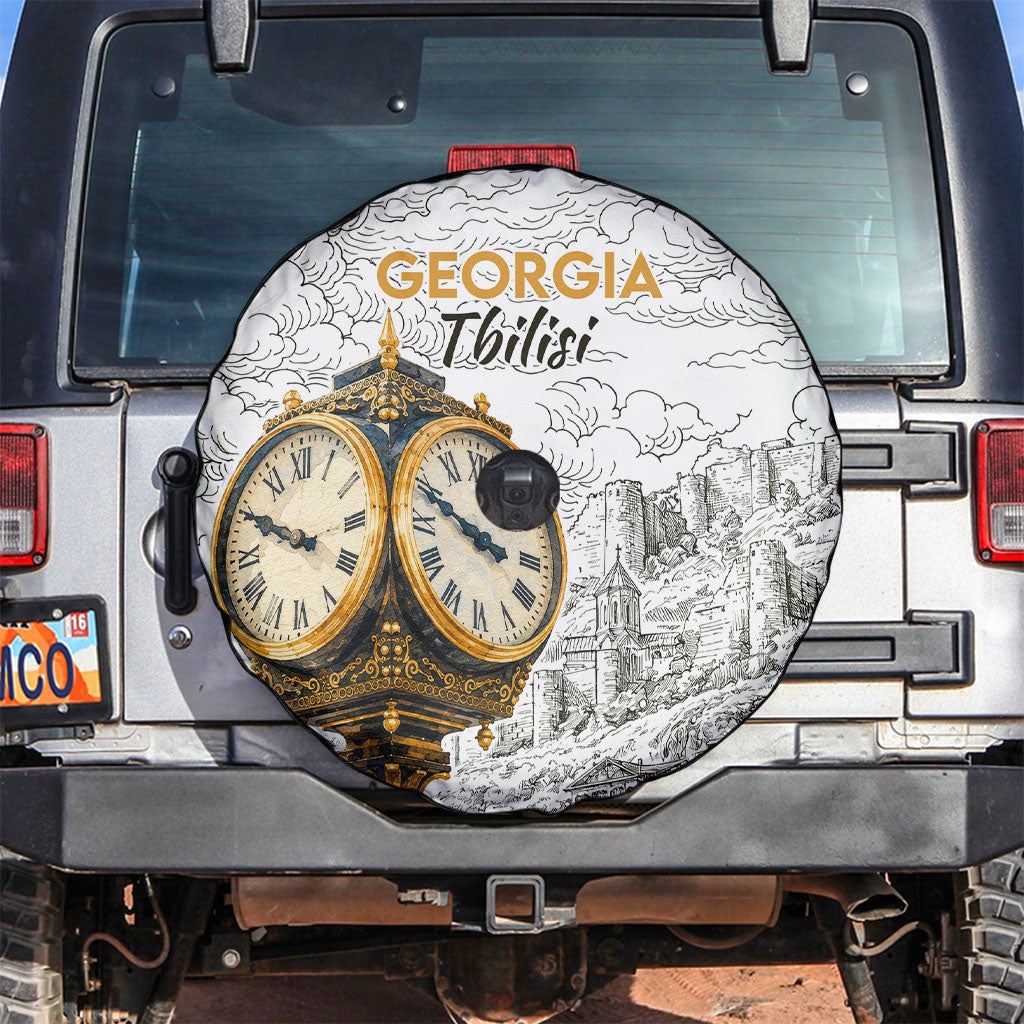 Georgia Tbilisi Clock Tower Spare Tire Cover Kartlis Deda Vintage Sketch Style