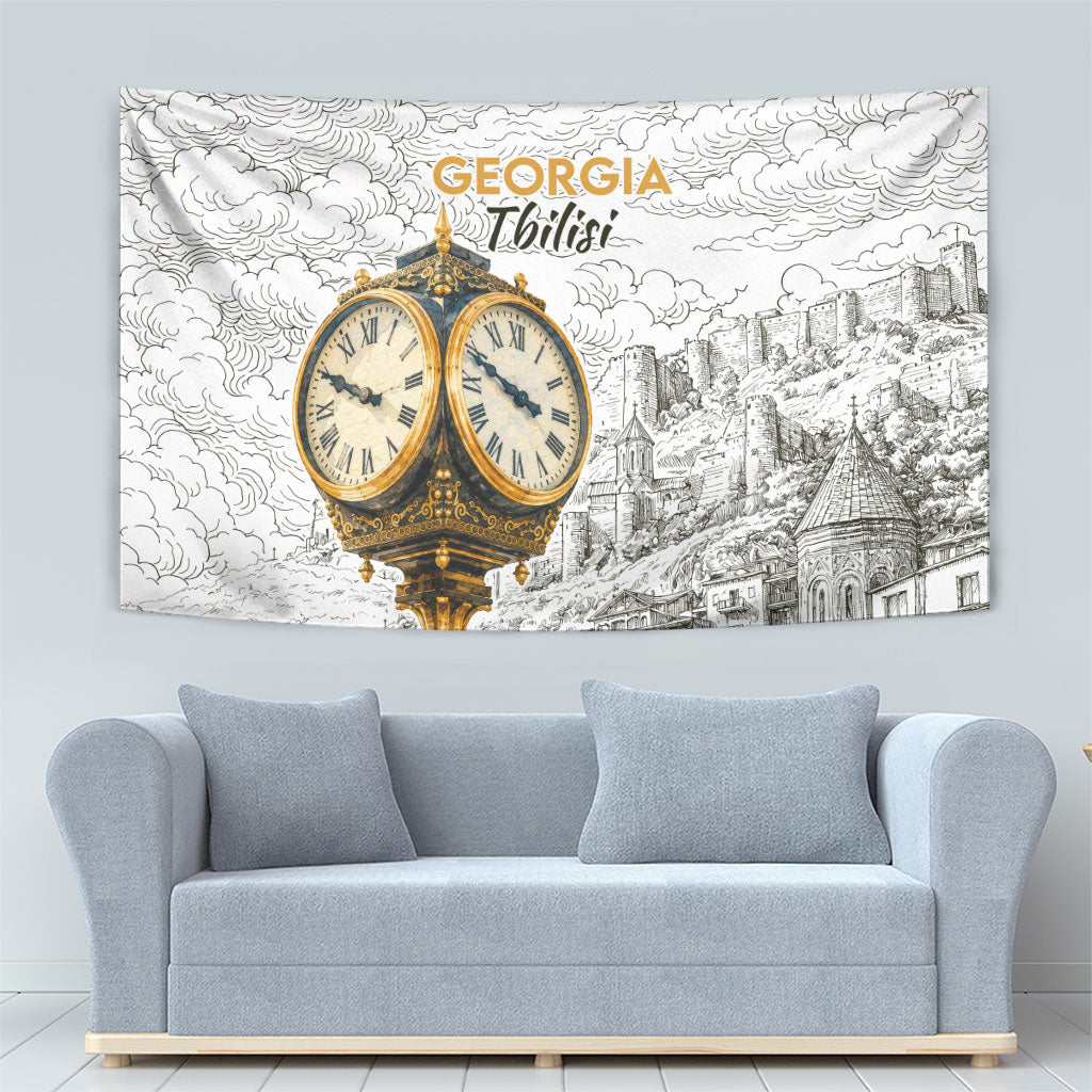 Georgia Tbilisi Clock Tower Tapestry Kartlis Deda Vintage Sketch Style